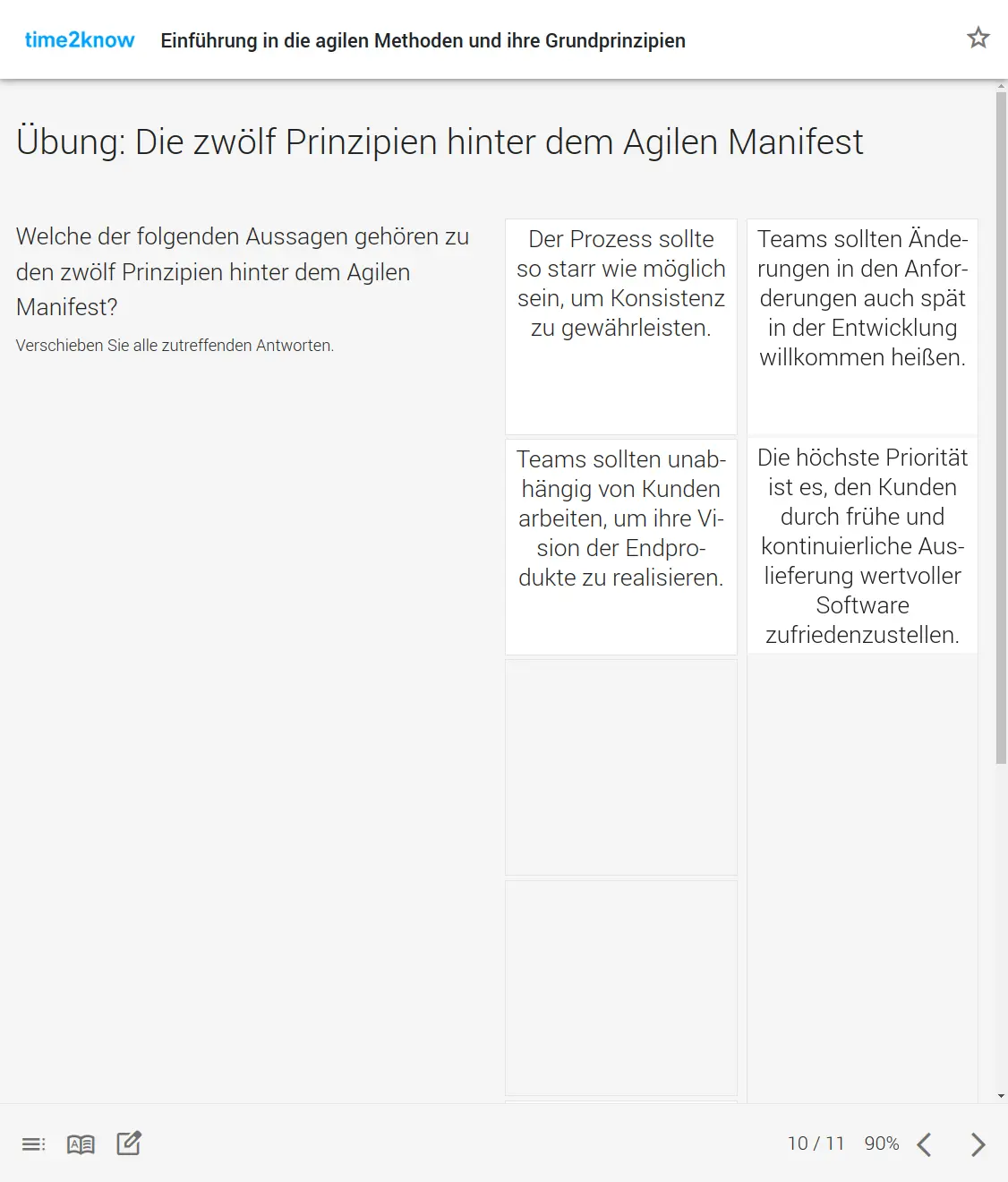 screenshot-ibt_8280-2024.05.19-11_04_12 Screenshot mit einer Drag & Drop- Übung zu den 12 Prinzipien hinter dem Agilen Manifest aus dem time2know Online-Kurs agilen Methoden in der Kategorie Business