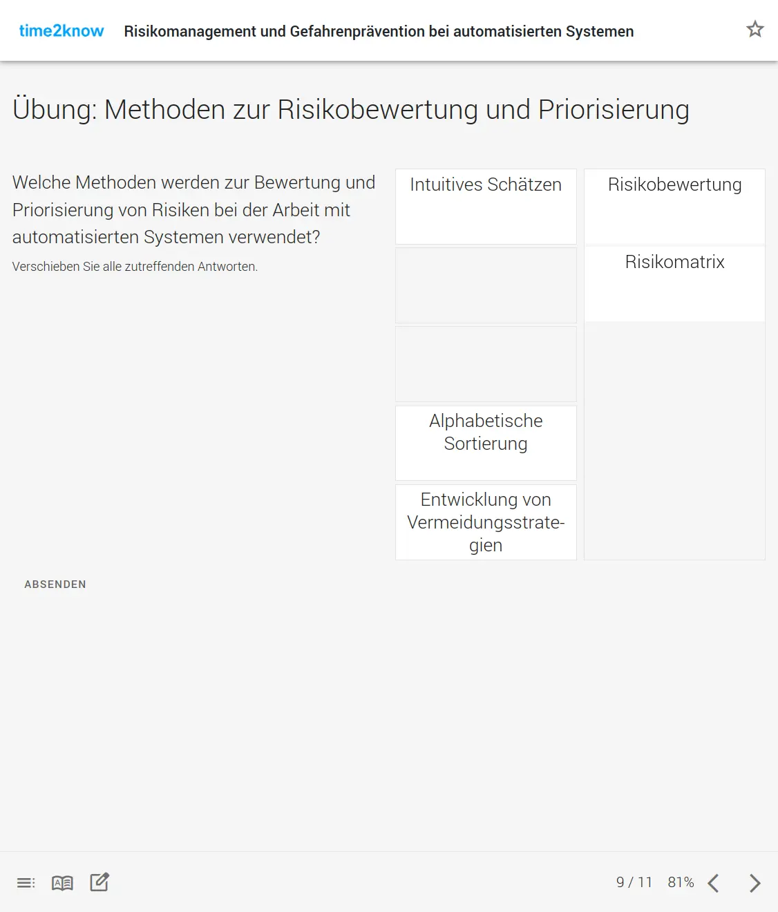 screenshot-ibt_8280-2024.05.19-11_31_32 Screenshot einer Drag & Drop-Übung zu Methoden der Risikobewertung aus dem time2know Online-Kurs Risikomanagement in der Automatisierung