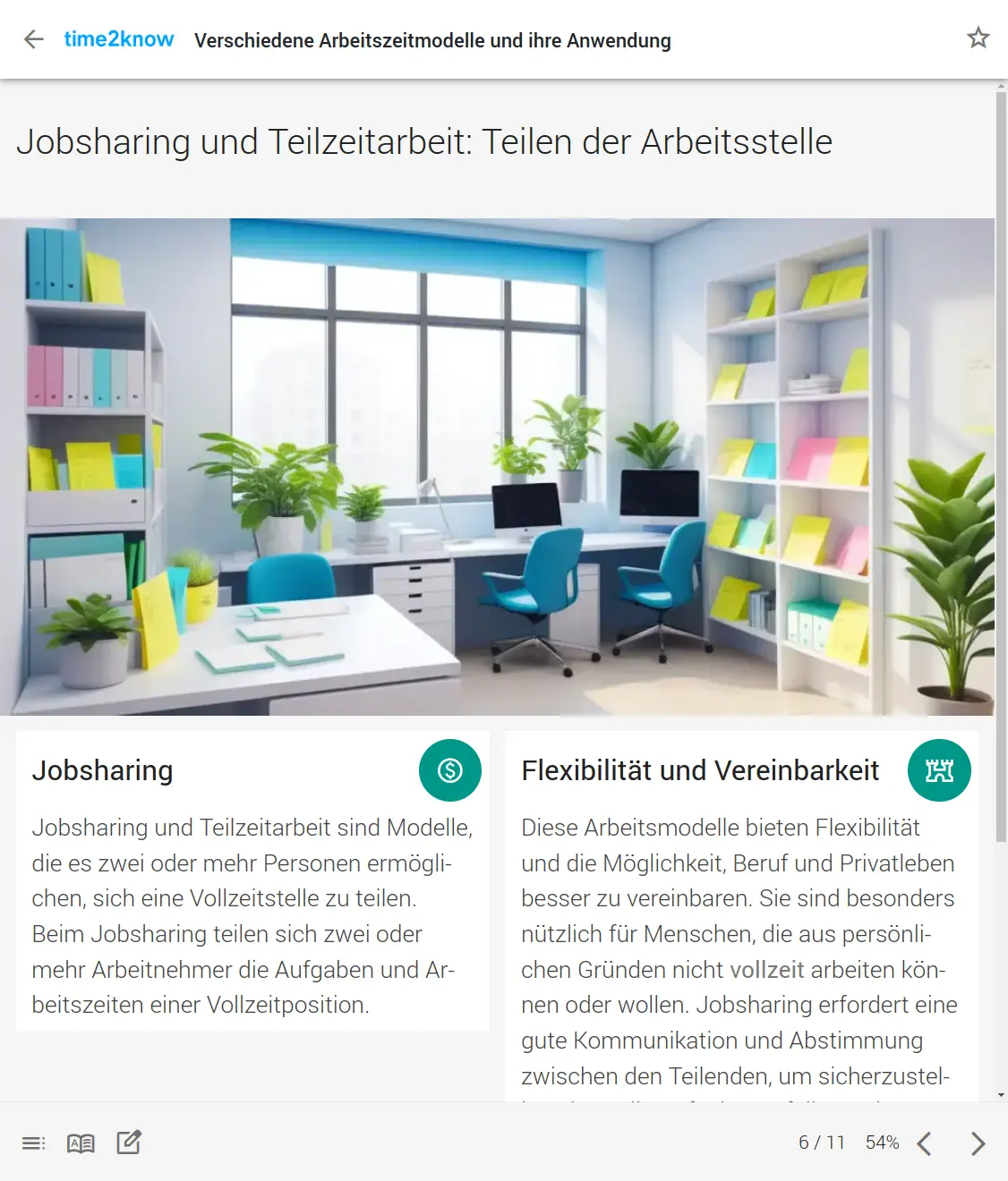 screenshot-ibt_8280-2024.05.25-13_30_29 Screenshot mit einer Informations-Seite zu Jobsharing und Teilzeitarbeit aus dem time2know Online-Kurs zu Arbeitszeitmodellen