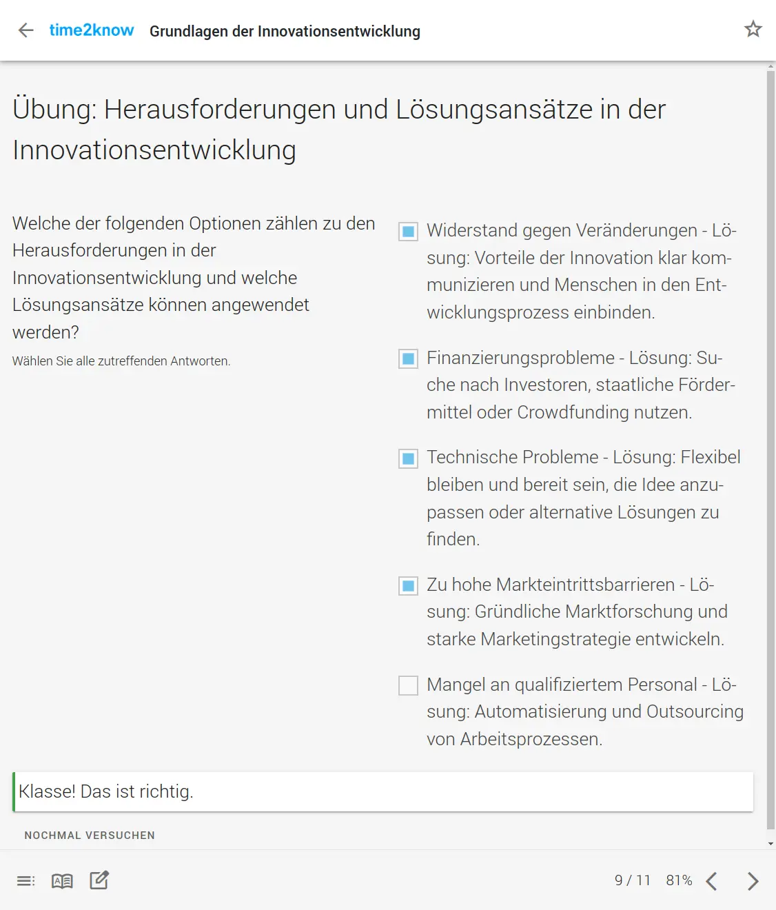 screenshot-ibt_8280-2024.05.25-13_48_36 Screenshot einer Multiple-Choice-Übung mit Feedback zu Herausforderungen und Lösungsansätzen aus dem time2know Online-Kurs zur Entwicklung von Innovationen